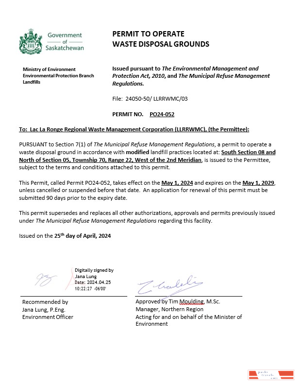 Canada Saskatchewan Permit to operate waste disposal grounds